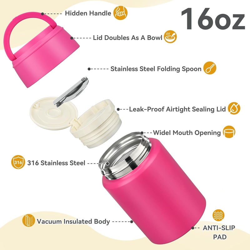 Haweek Soup Thermo for Hot Food Kids 16oz Insulated Food Jar Leakproof Thermo Lunch Container for Kids Wide-Mouth Stainless Steel Lunch Box for School with Handle Folding Spoon(3+)​ - Image 4